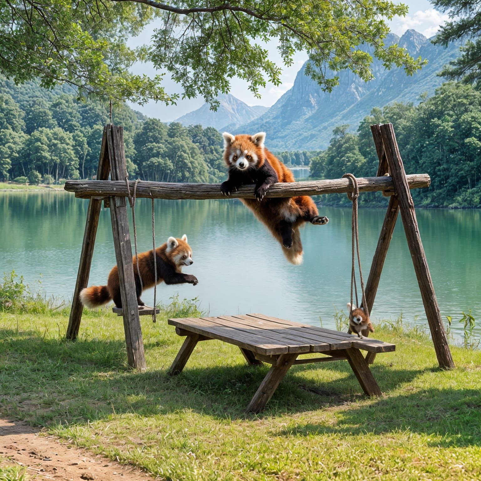Red Pandas Enjoying Lake Activities