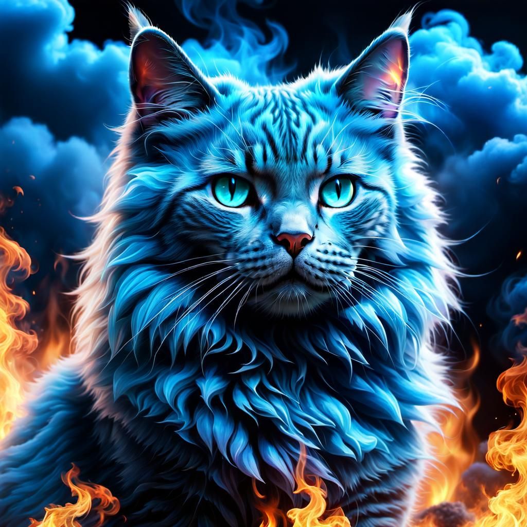 Majestic Cloud Cat Surrounded by Blue Fire