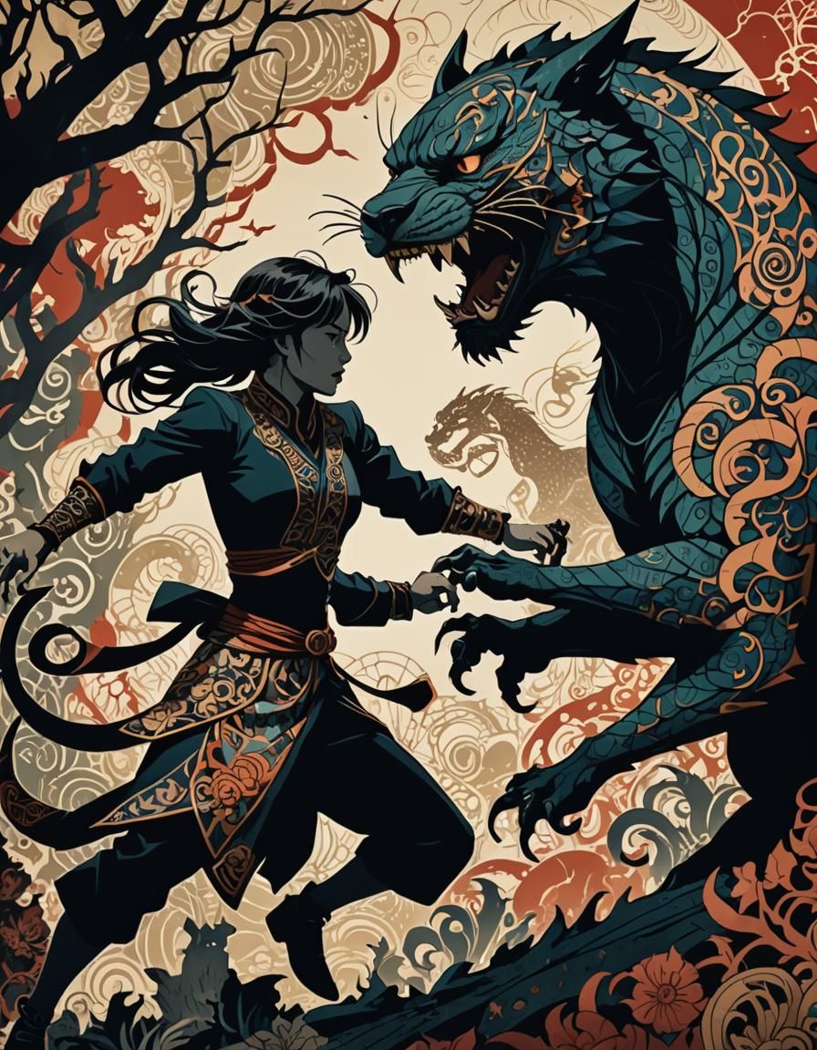 Heroic Woman's Abstract Zentangle Fight with Bakeneko