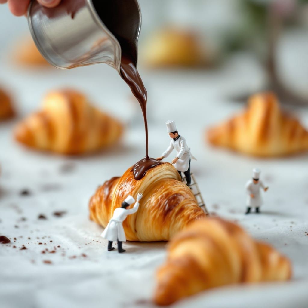 Miniature Chefs Decorate Croissants with Chocolate