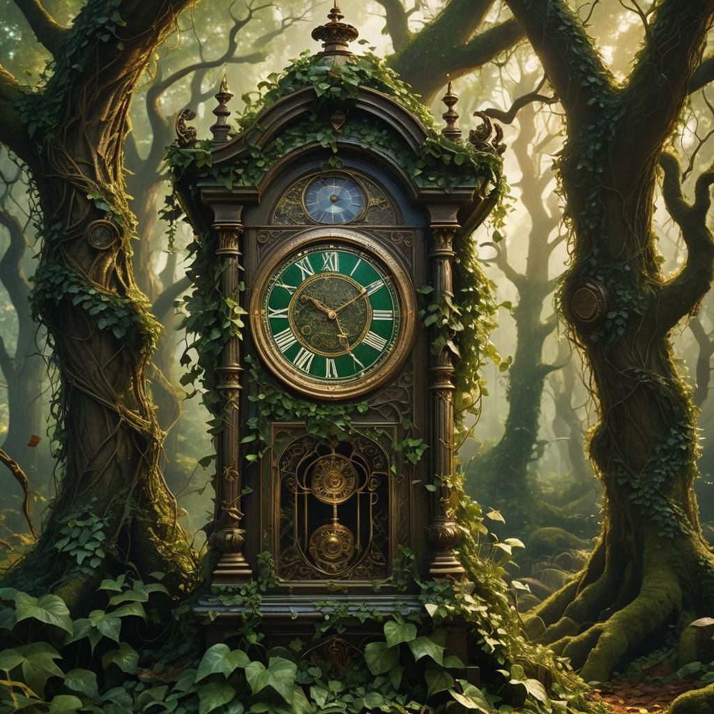 grandfather clock covered in ivy