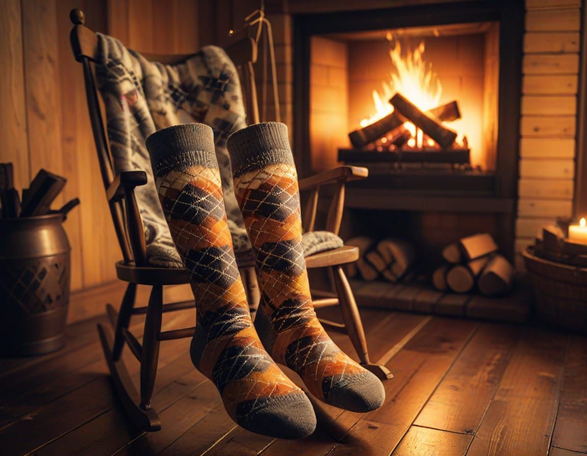 Cozy Fireplace Scene with Argyle Socks, Watercolor Style