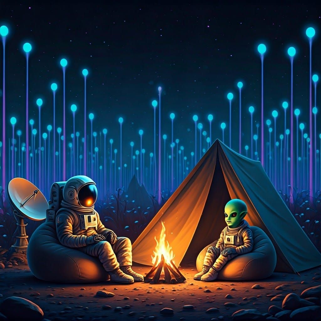 Astronaut and Alien Kid Relaxing in Alien Wilderness