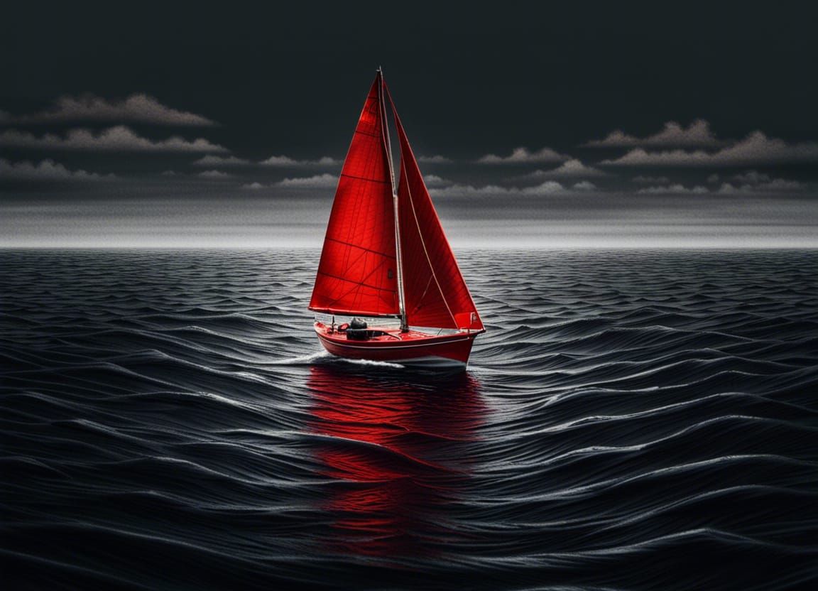 Minimalist Red Sailboat on Dark Ocean