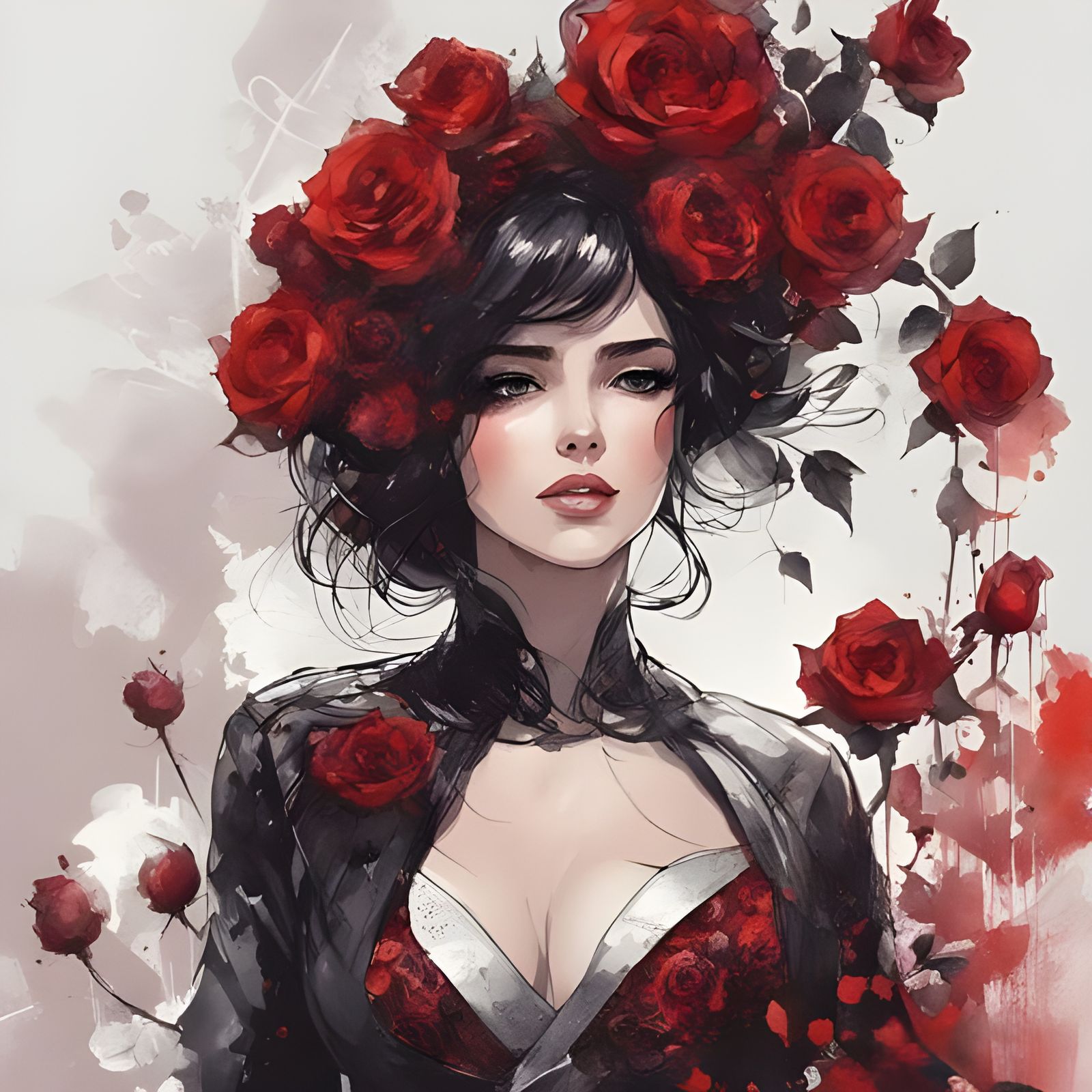 Dreamy Tatar Girl Portrait in Watercolor Style