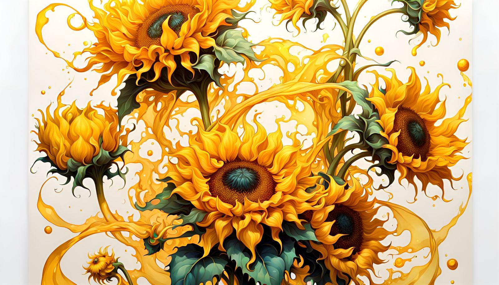 Glassy Liquid Sunflowers Ink Illustration