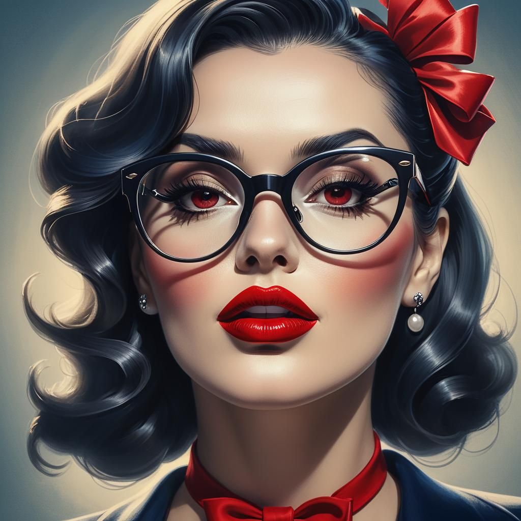 Vintage Pin-Up Woman with Red Lipstick in Hyperrealism