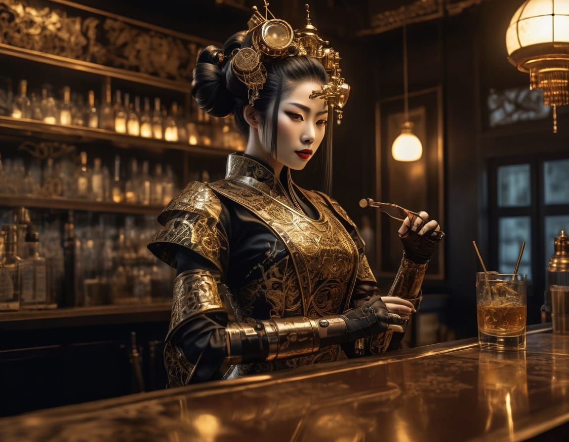 Elegant Steampunk Cyborg Geisha Bartender in Tone on Tone Bl...