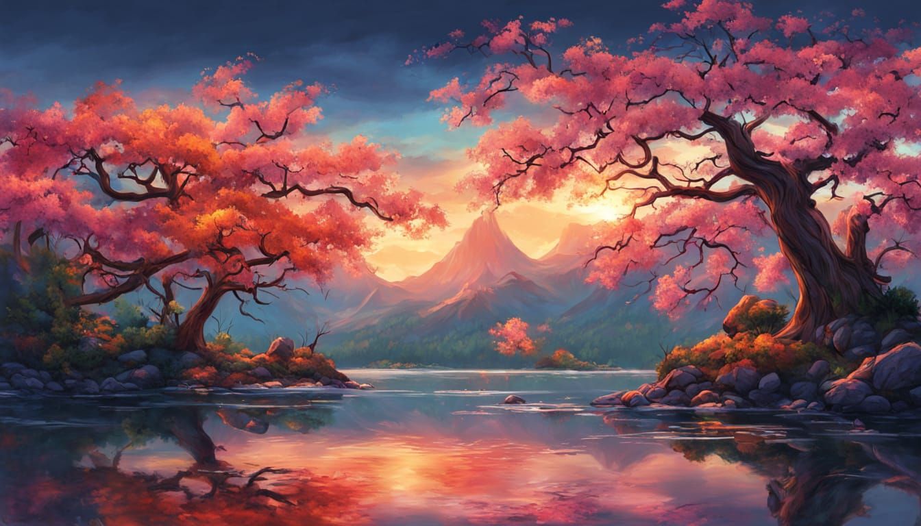 Sakura Sunset Masterpiece in Serene Japanese Landscape