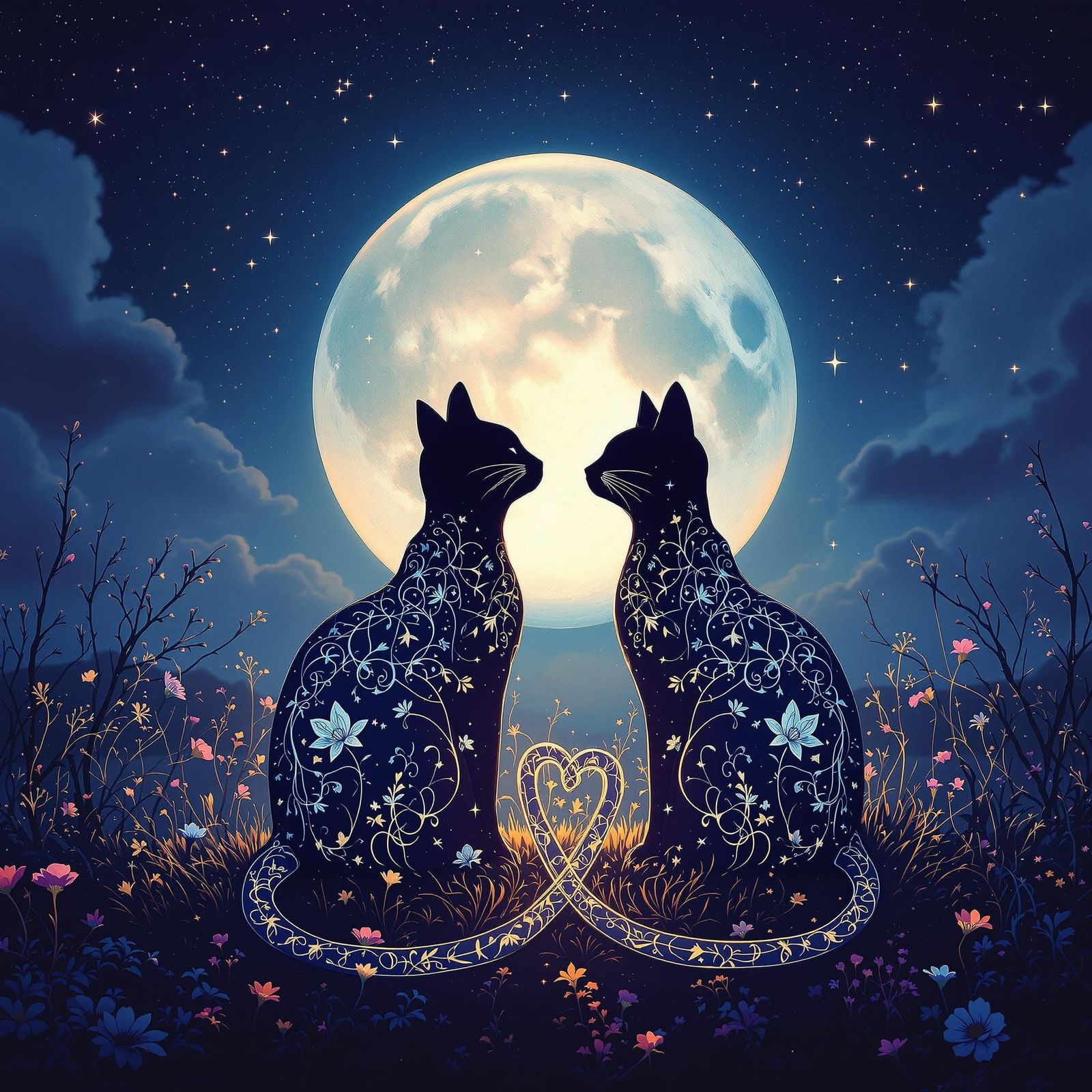 Moonlit Cat Silhouettes in Heart Shape, Inspired by Fantasy....
