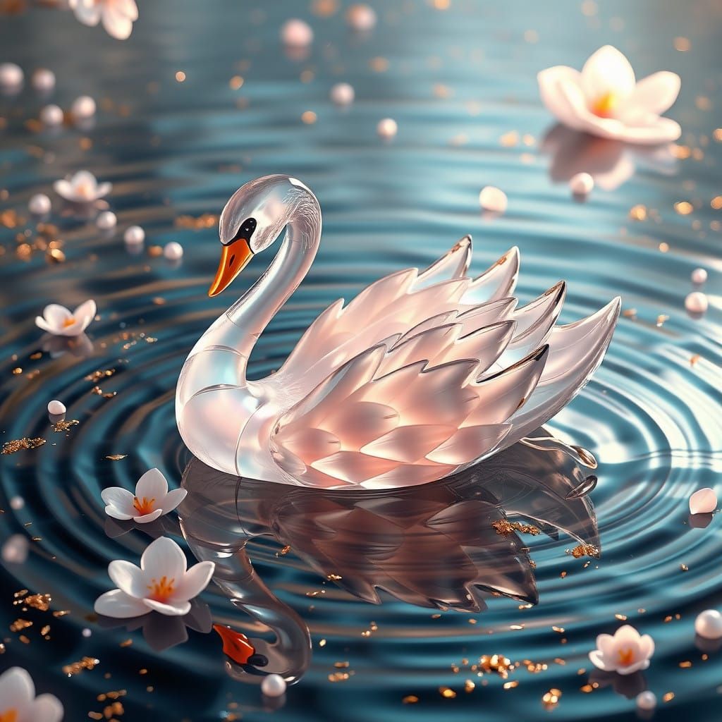 Majestic Crystal Swan in Whimsical Lake Scene