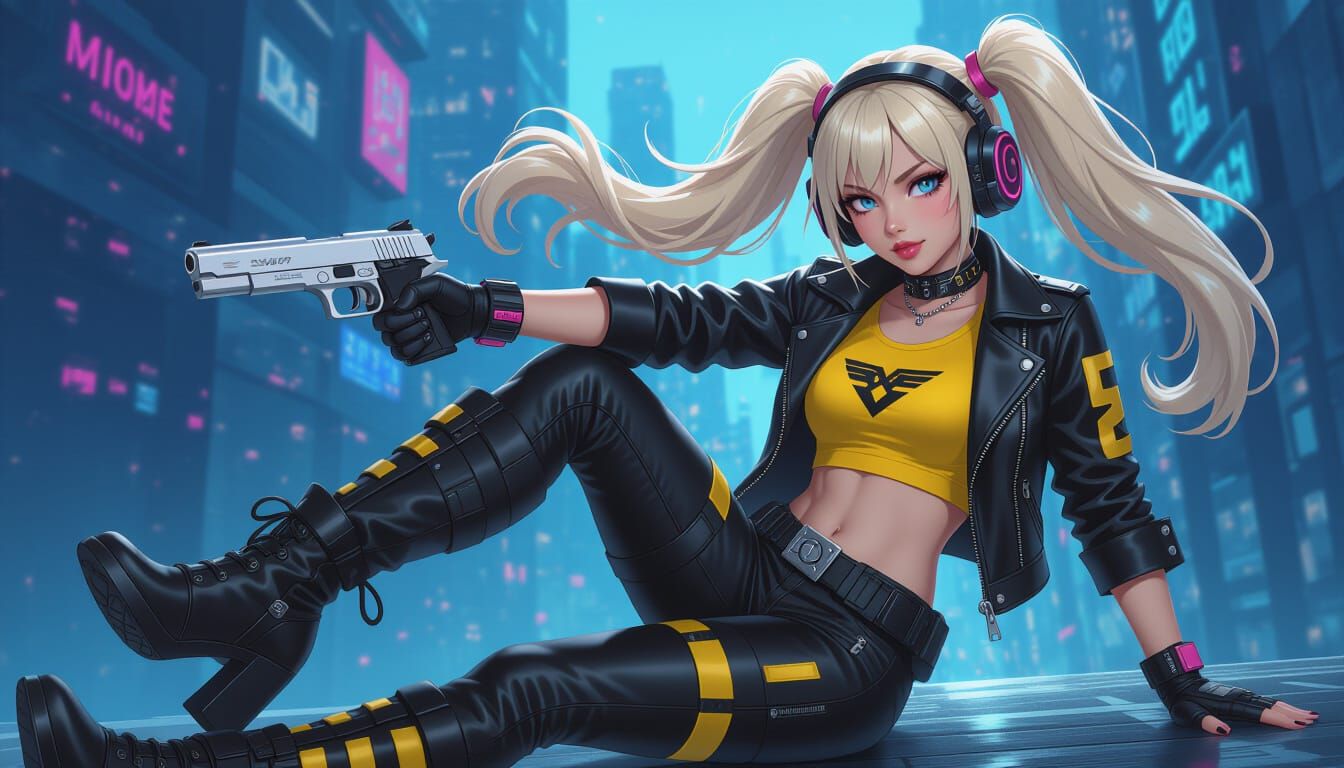 Cyberpunk Anime Girl with Cybernetic Gear and Pistol