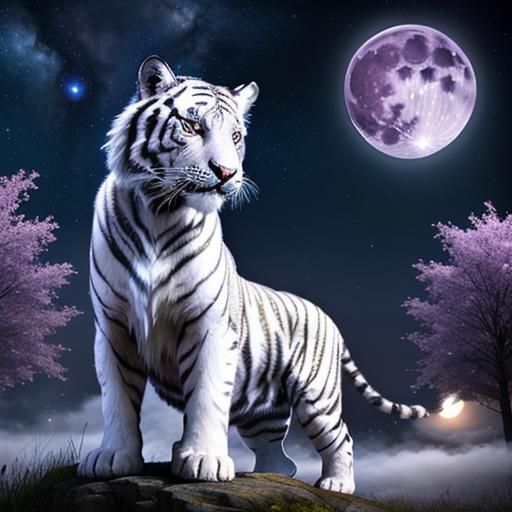 Fantasy White Tiger Under Starry Night
