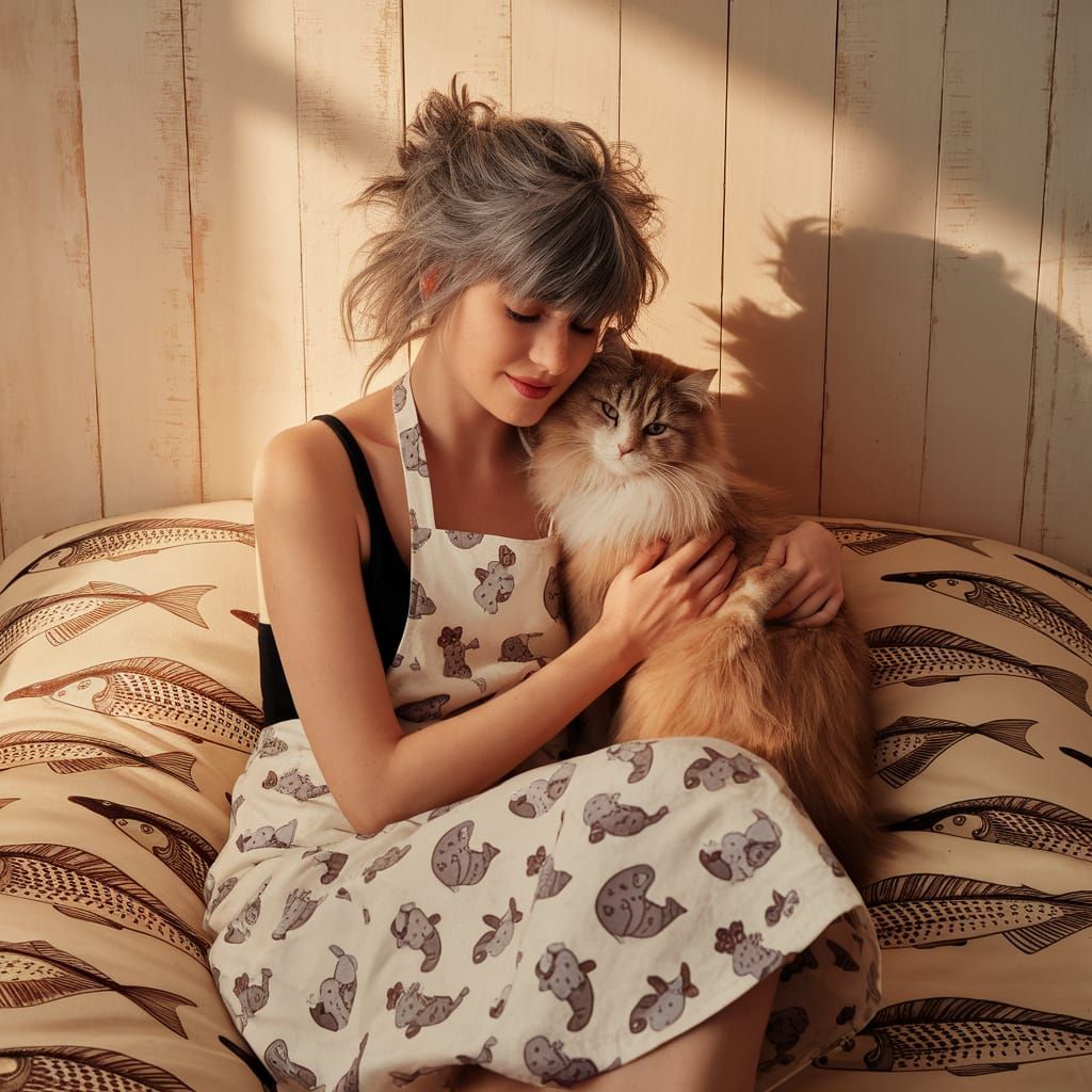Cozy Domestic Scene with Gentle Woman and Angora Cat