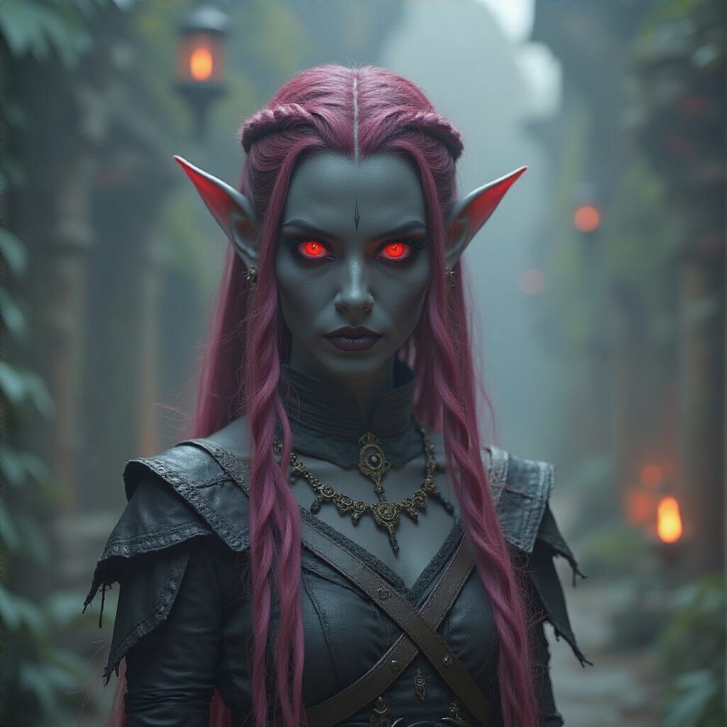 Sinister Black Elven Woman with Pink Hair in Dark Fantasy