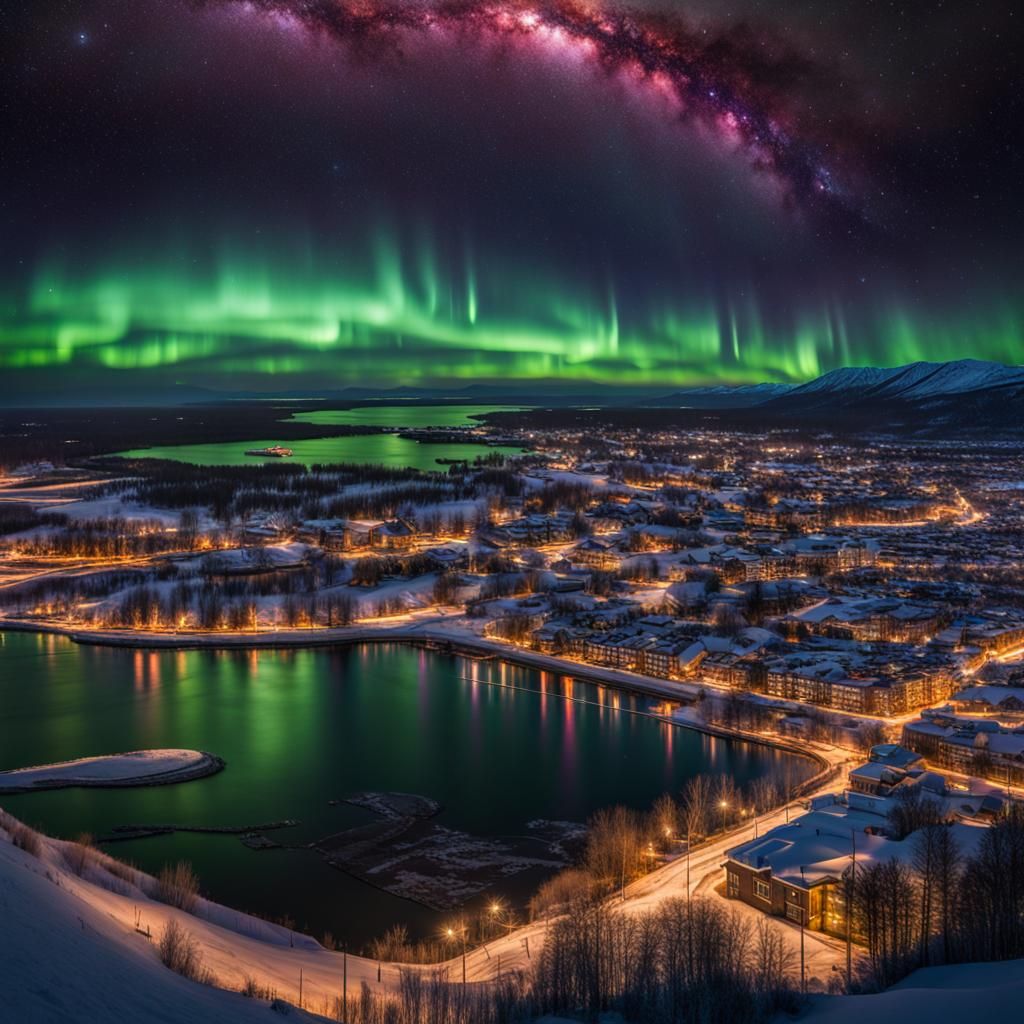 Aurora Borealis Over City at Night: Hyperrealistic HDR