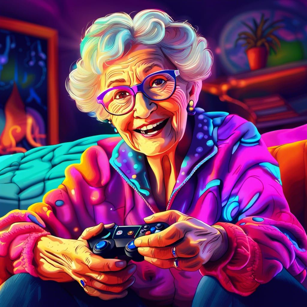 Whimsical Elderly Gamer in Neon Photoillustration
