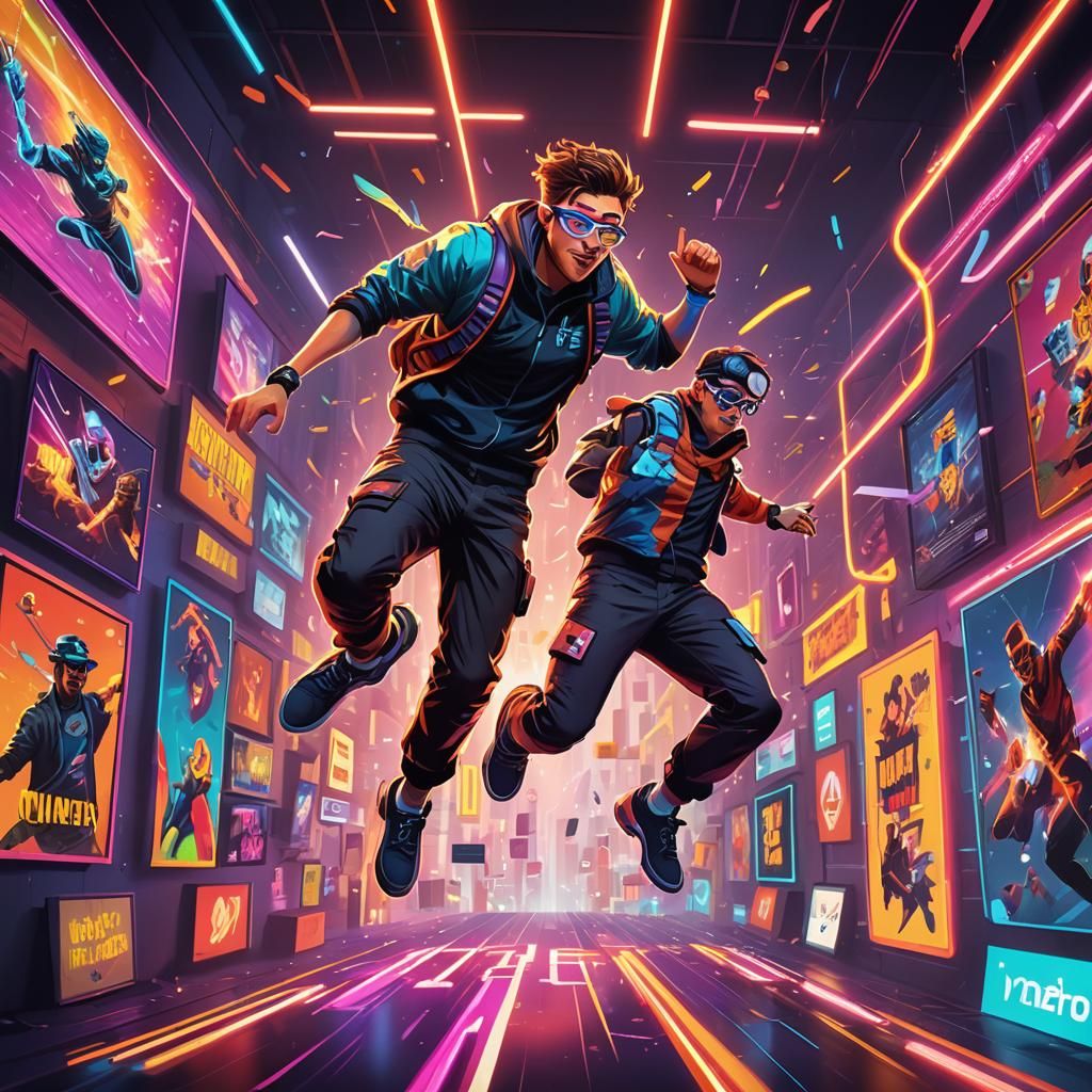 Streamer Jumps in Air Surrounded by Game Posters