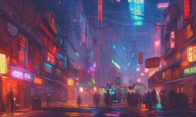 Neon Cyberpunk Medieval Town Splash Art