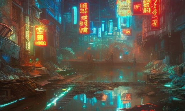 Cyberpunk Medieval Fantasy Town in Neon