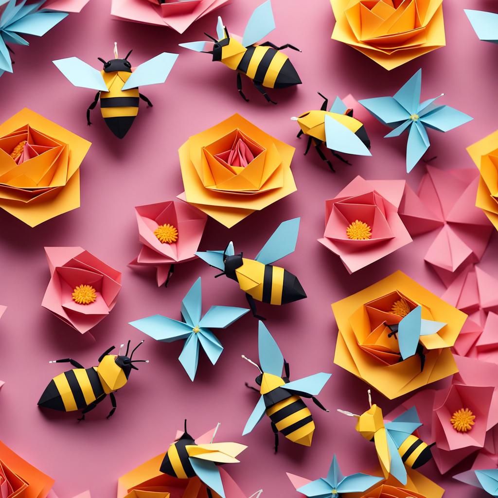 Bees Pollinating Flowers in Origami Style