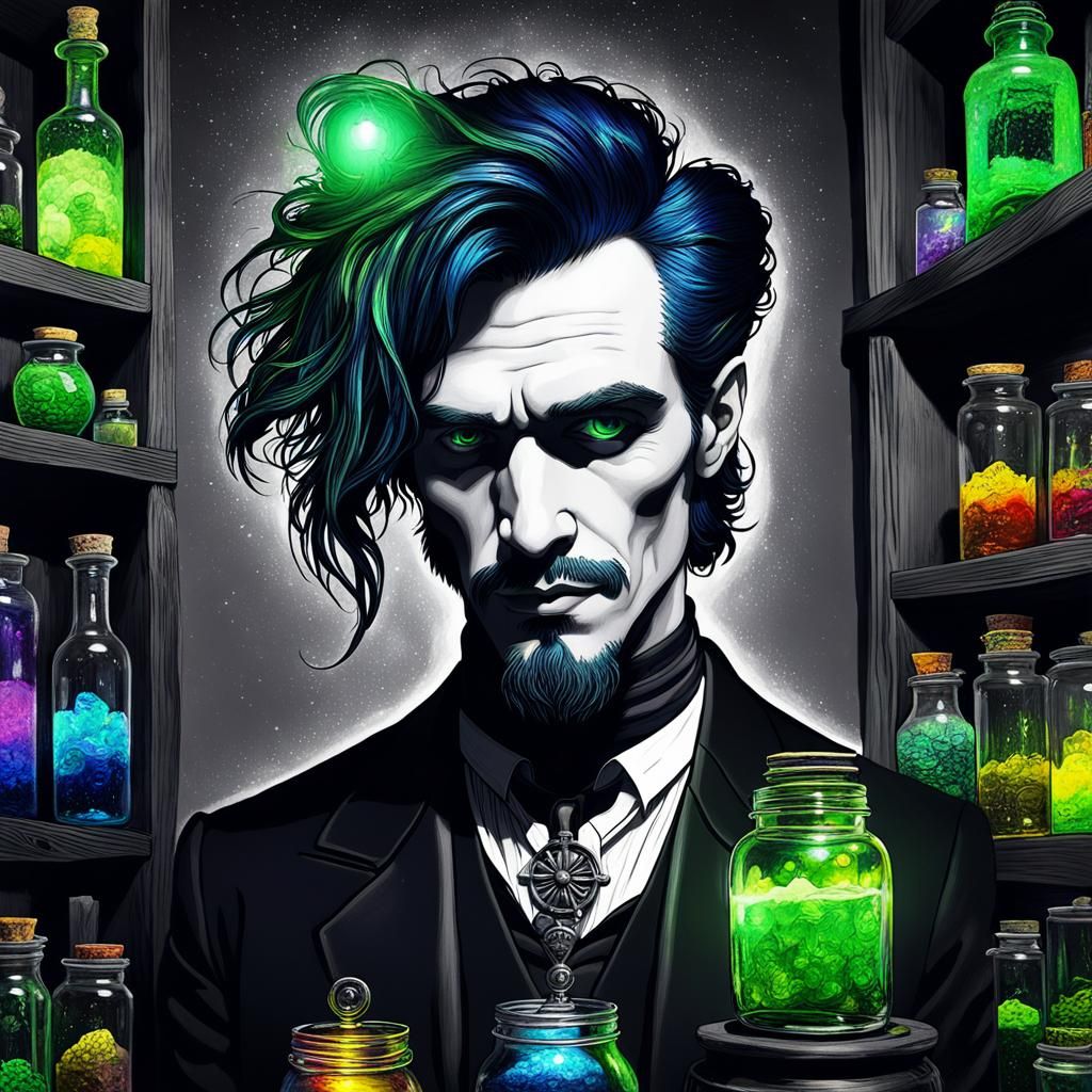 Emo Goth Alchemist Mixing Absinthe, Van Gogh Style