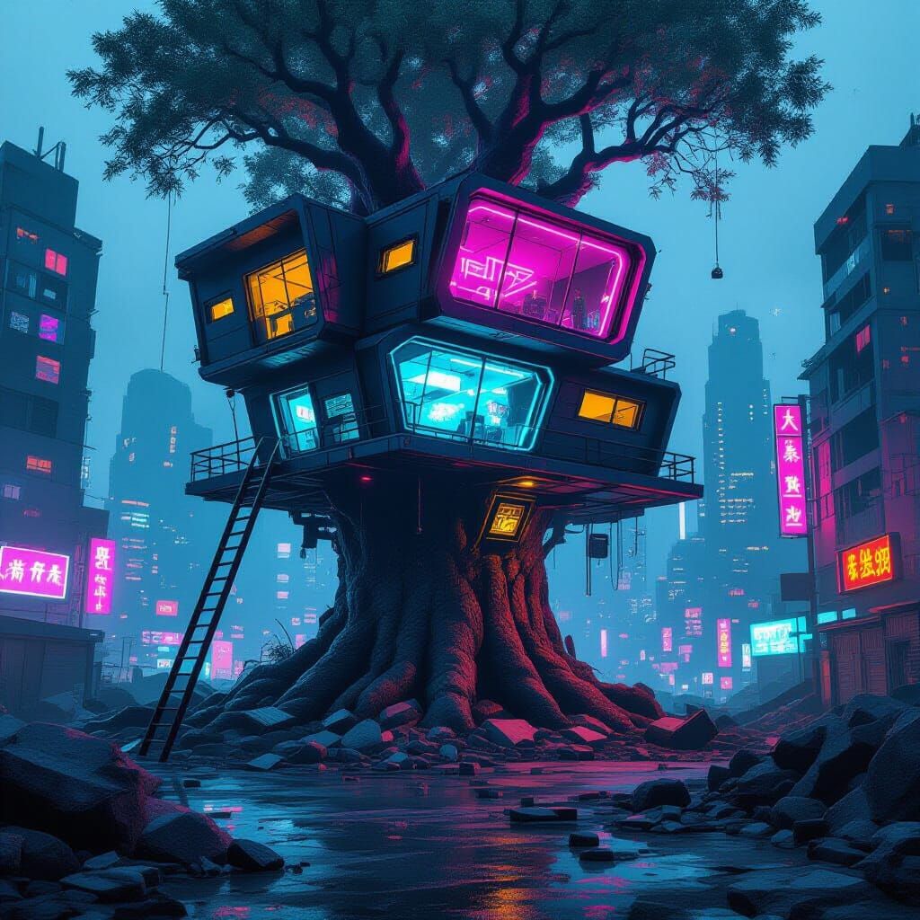 Apocalypse Base: Modern Treehouse in Neon City