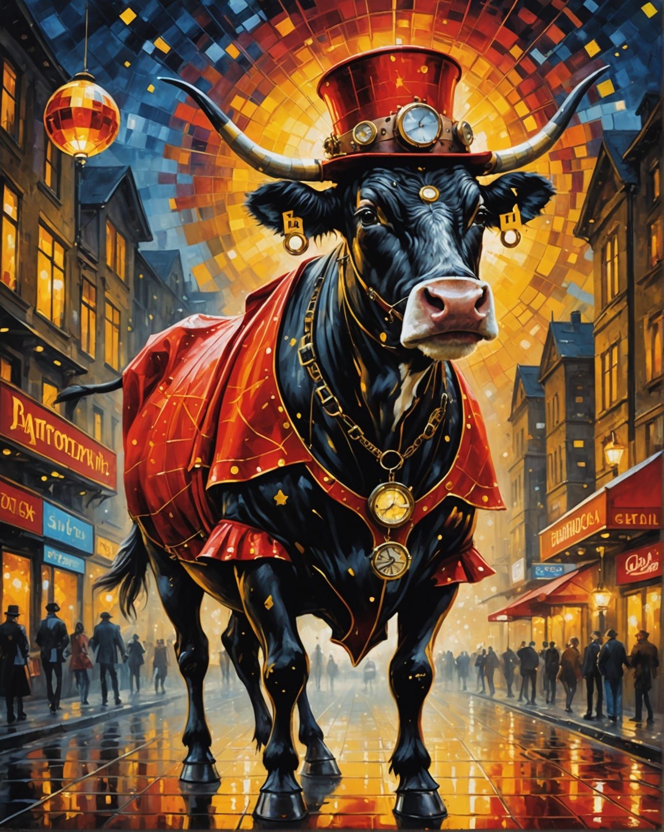 Steampunk Swiss Cow Dancing in Disco, Oil Painting