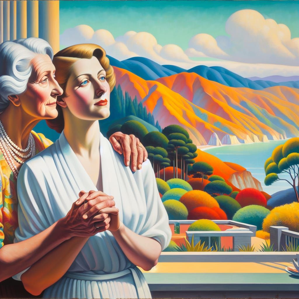 Art by David Hockney, serene portrait, lesbian couple, older and younger woman holding hands, overlooking a vibrant Cali...