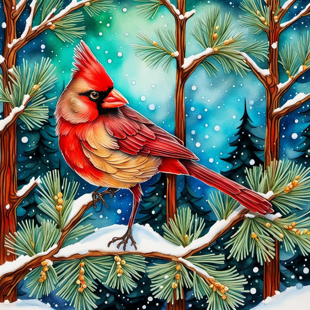 Cardinal in Winter: Alcohol Ink Fantasy