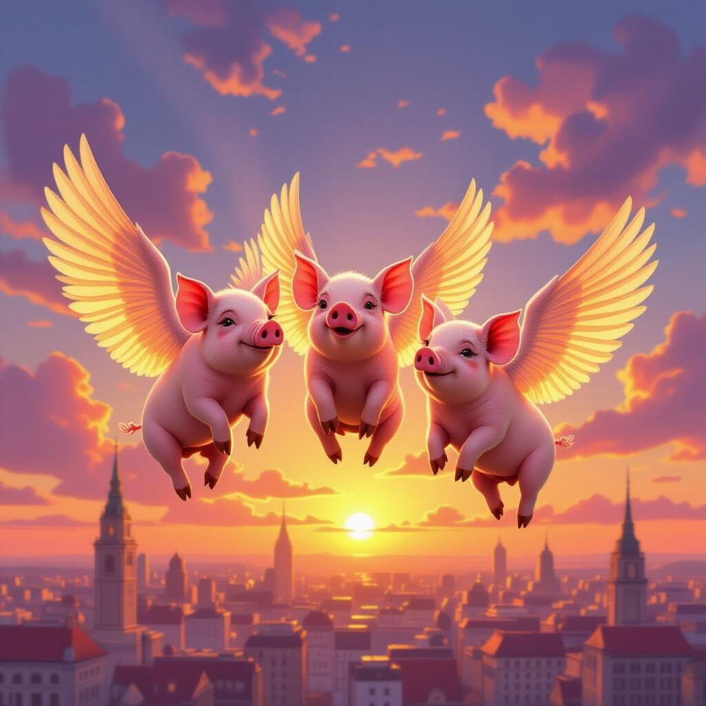 Flying Pigs Over City at Sunset in Whimsical Style