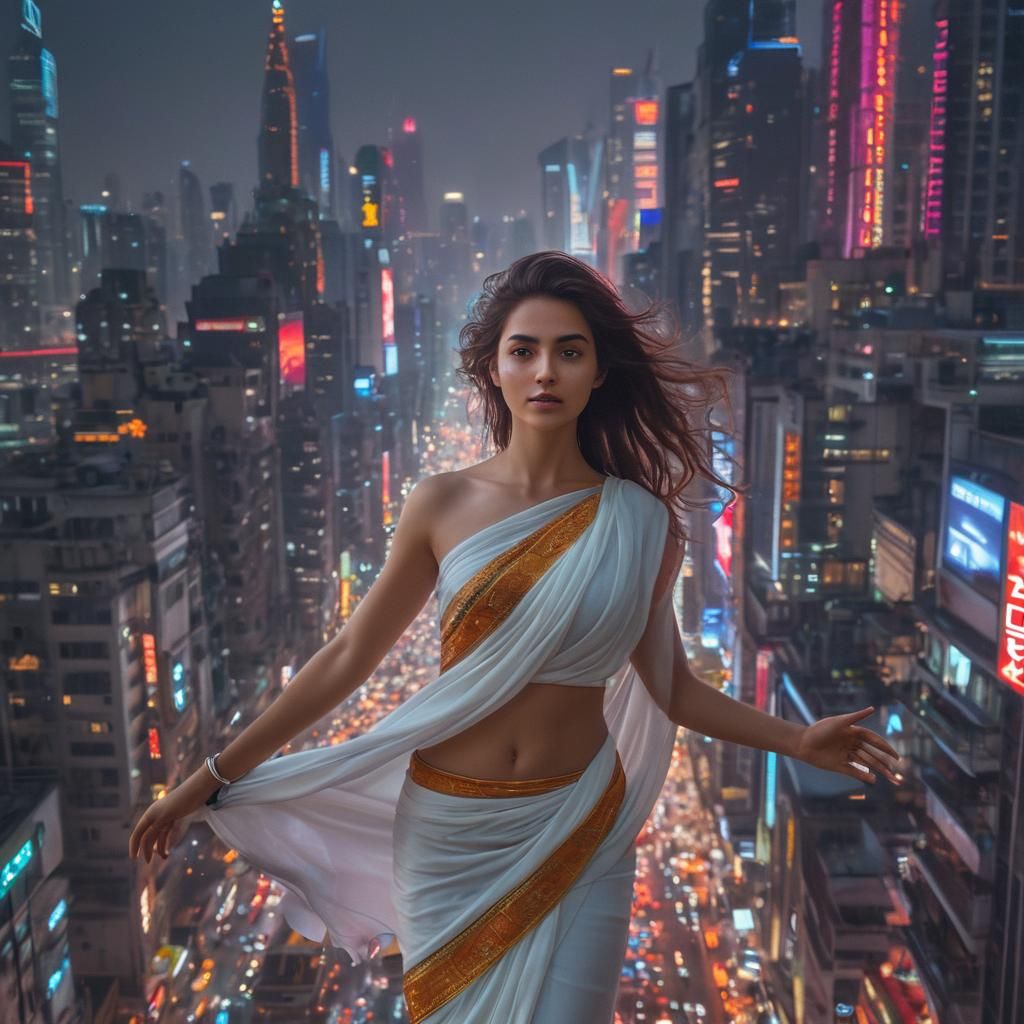 Girl in Sari Running Through Neon Cityscape