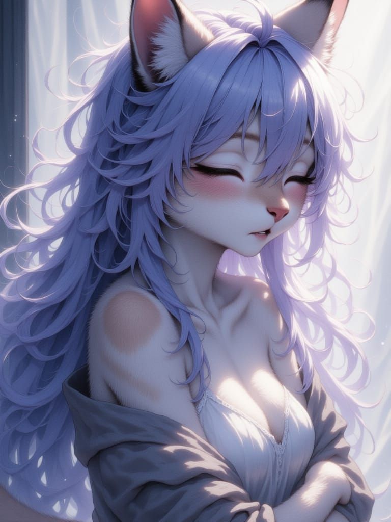 Detailed Catgirl Portrait with Cyan-Purple Hair