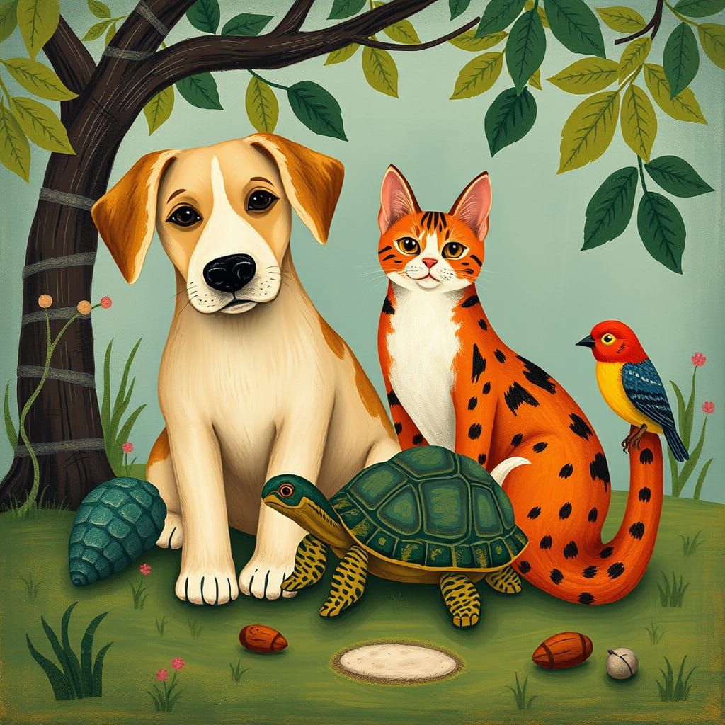 Serene Jungle Gathering in Vibrant Naive Style