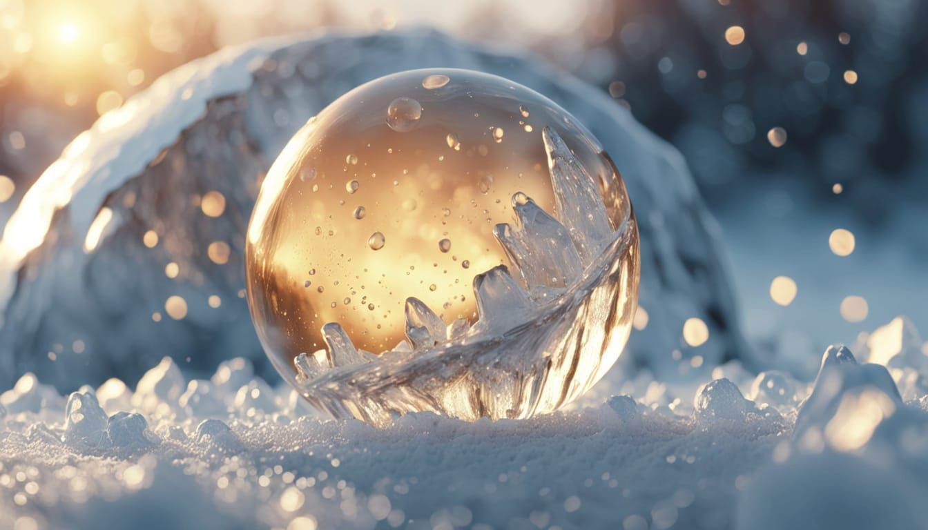 Glistening Ice Shards in Floating Bubble, Macro Shot