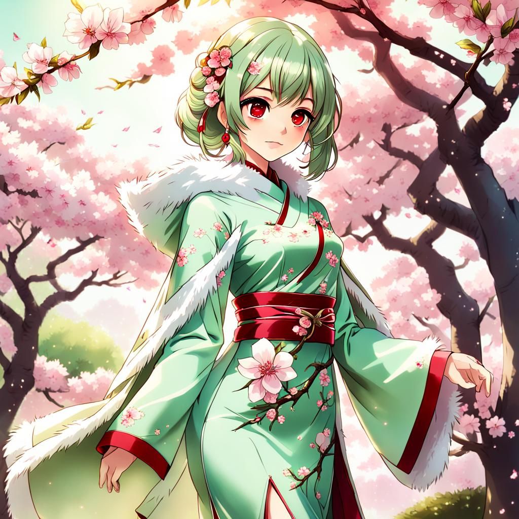 Anime Girl in Cheongsam Under Cherry Blossoms