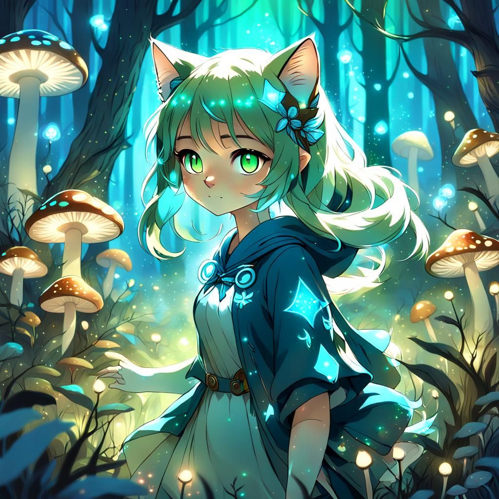 Cute Cat Anime Girl in Mystical Forest