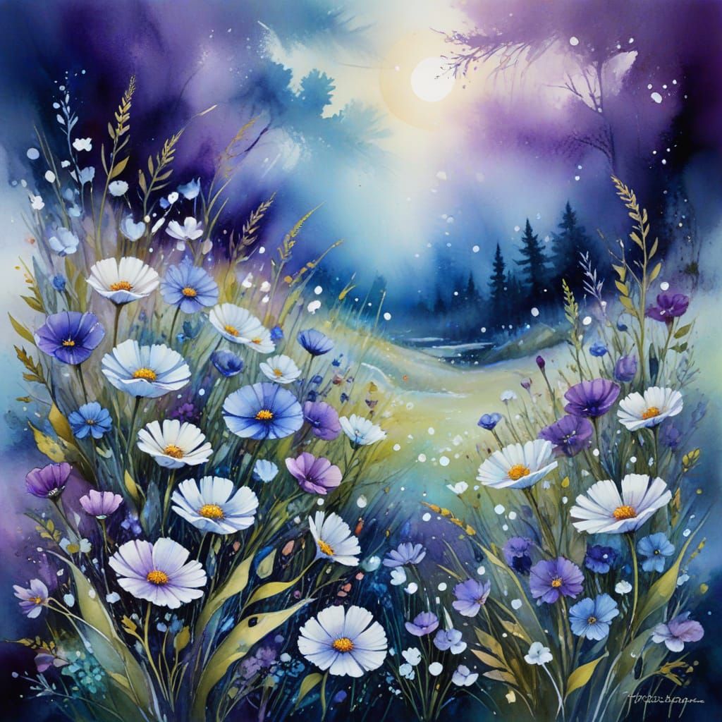 Ethereal Wildflower Meadow in Moonlight
