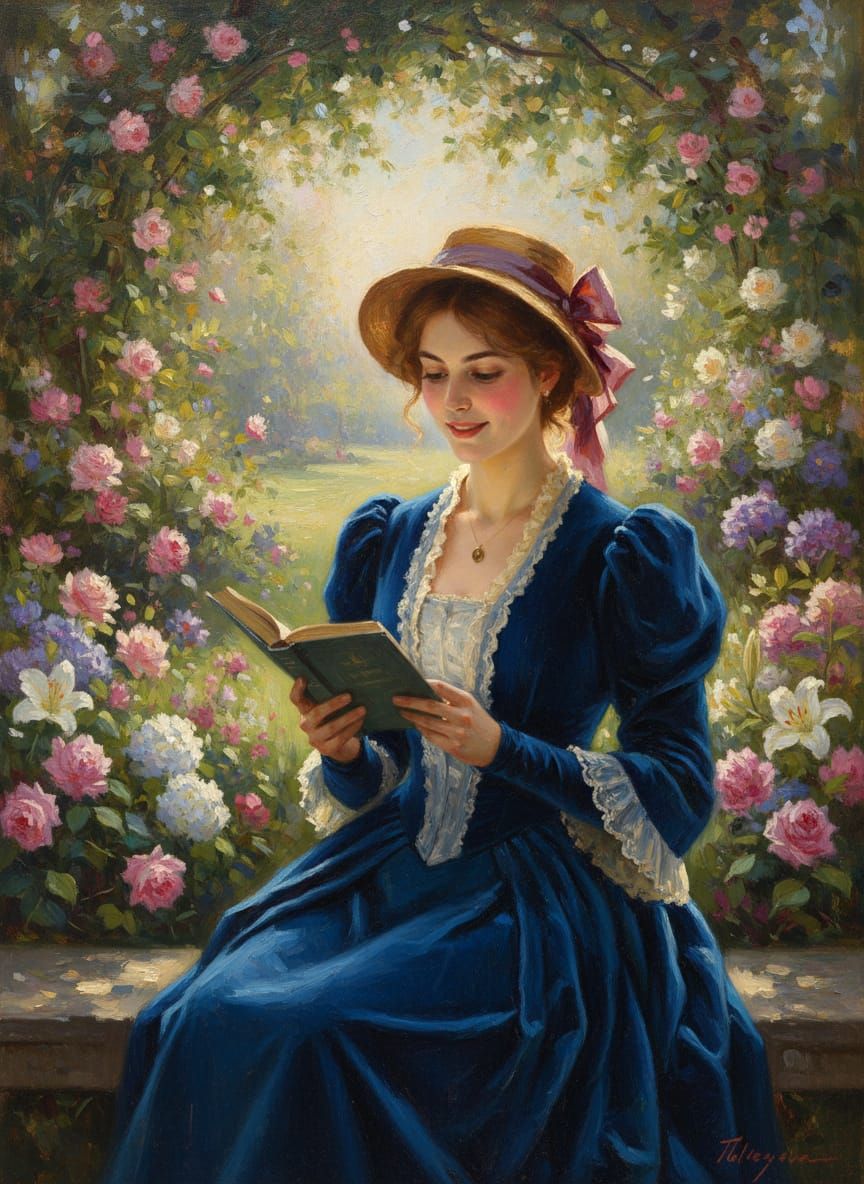 Victorian Woman Reading in Garden, Oil on Canvas Portrait