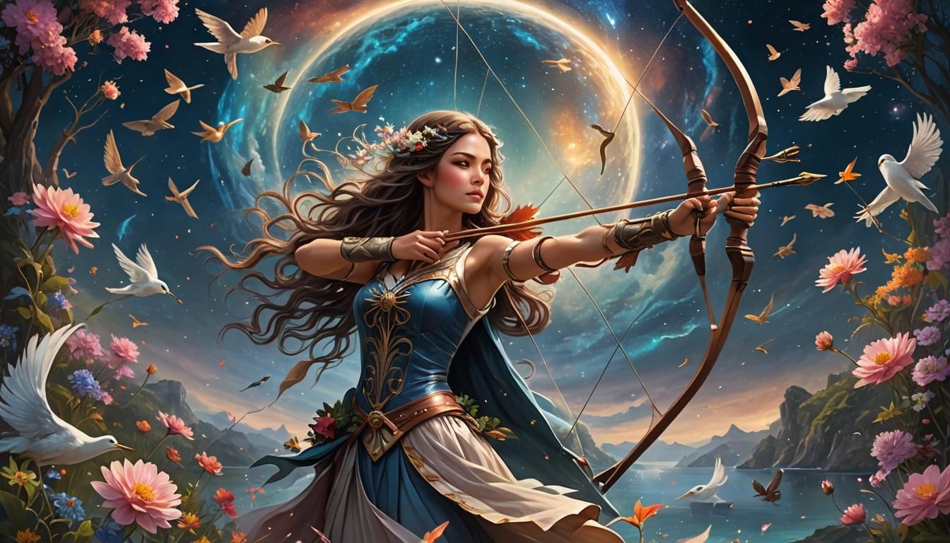 Surreal Archer Holding Cosmos in Ethereal Universe