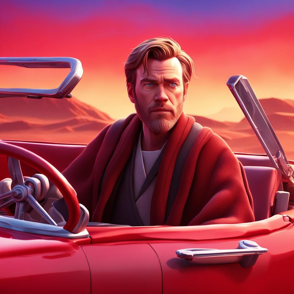 Young Obi-Wan Kenobi in Red Convertible, 3D Digital Art