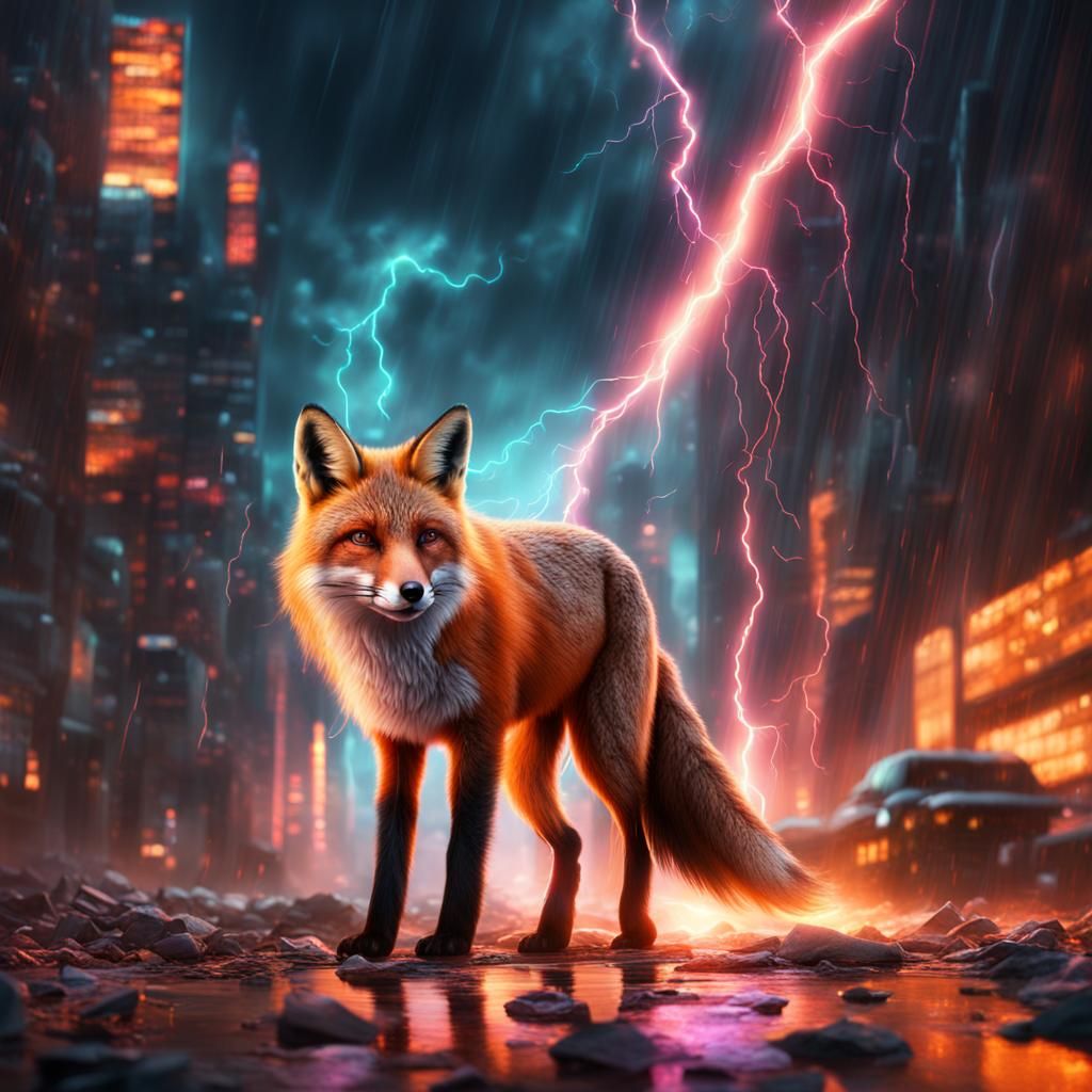 Fox with Neon Lightning: Digital Matte Painting