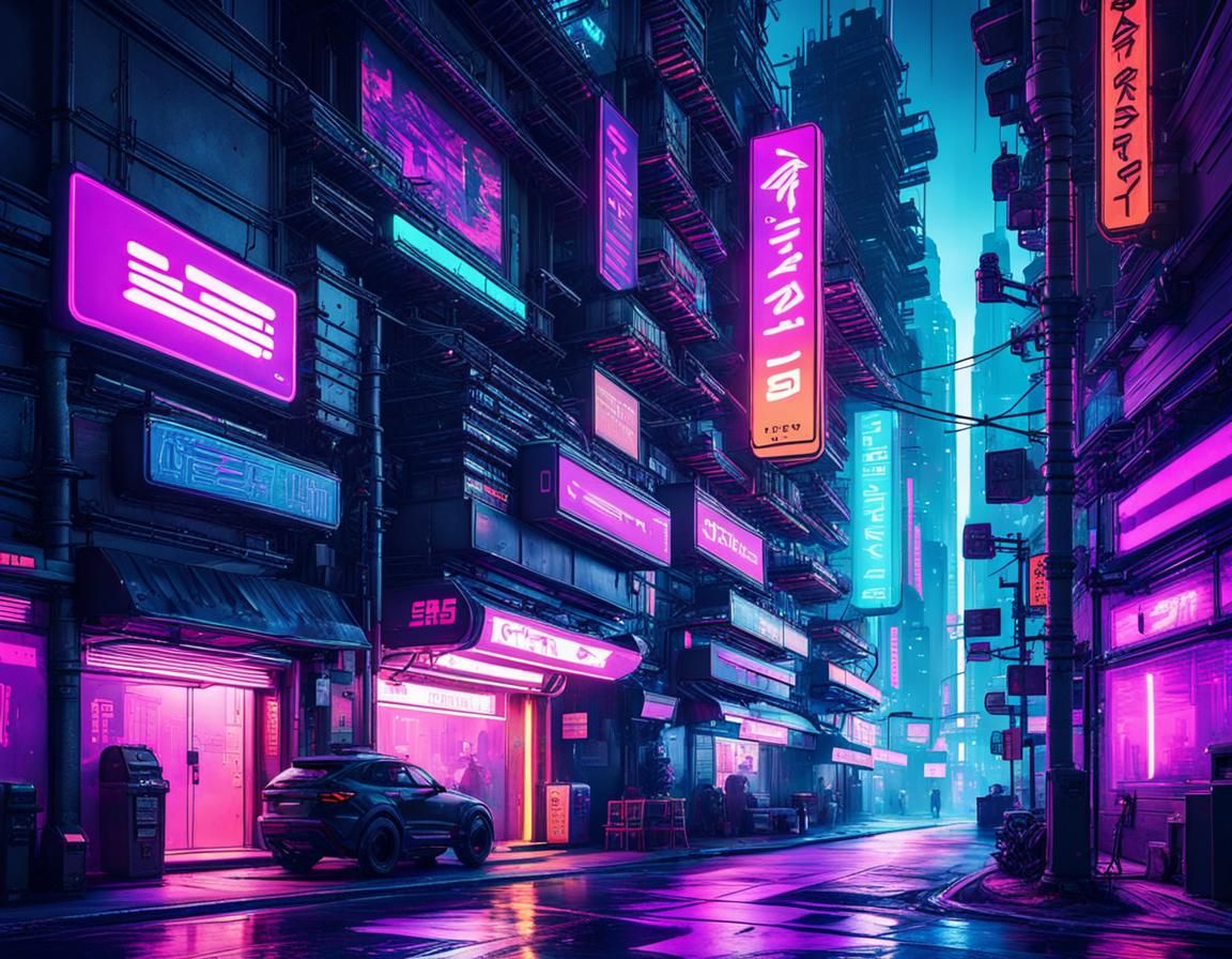 Cyberpunk Cityscape with Fluorescent Black Light