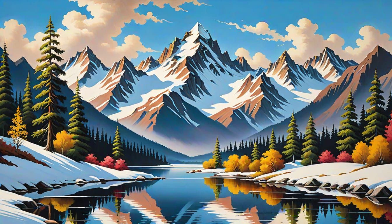 Serene Snow Mountains in Gouache, Bob Ross Style