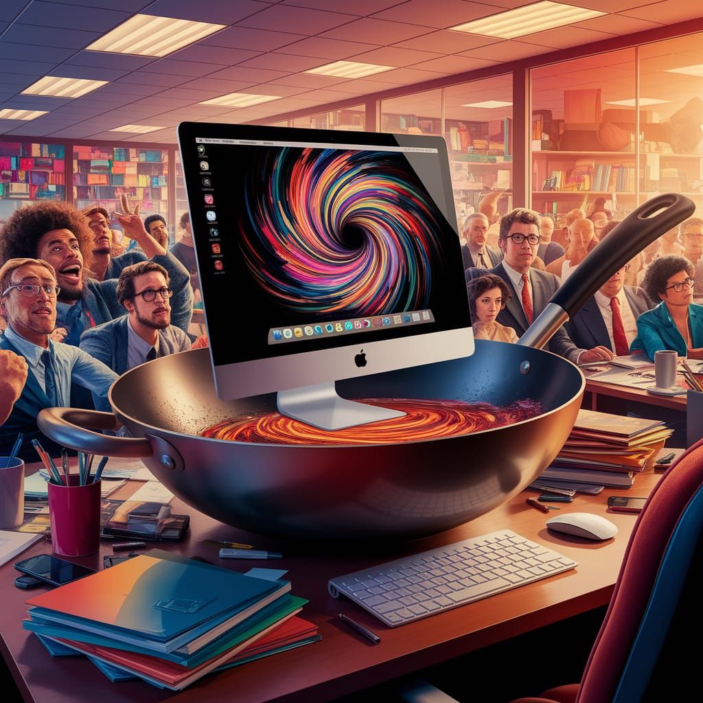 Vibrant Corporate Chaos in a Whimsical Wok Scene