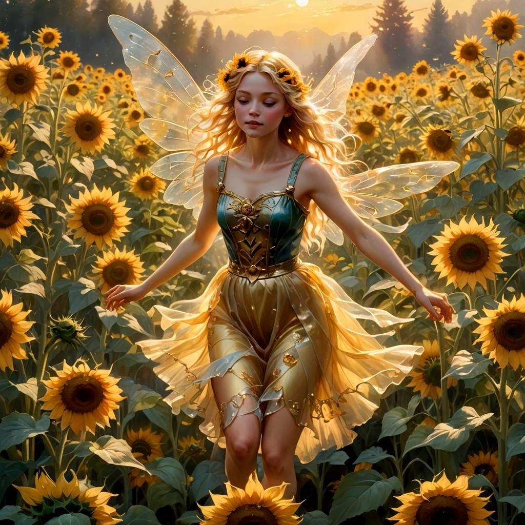 Golden Fairy in Sunflower Field, Ethereal Art