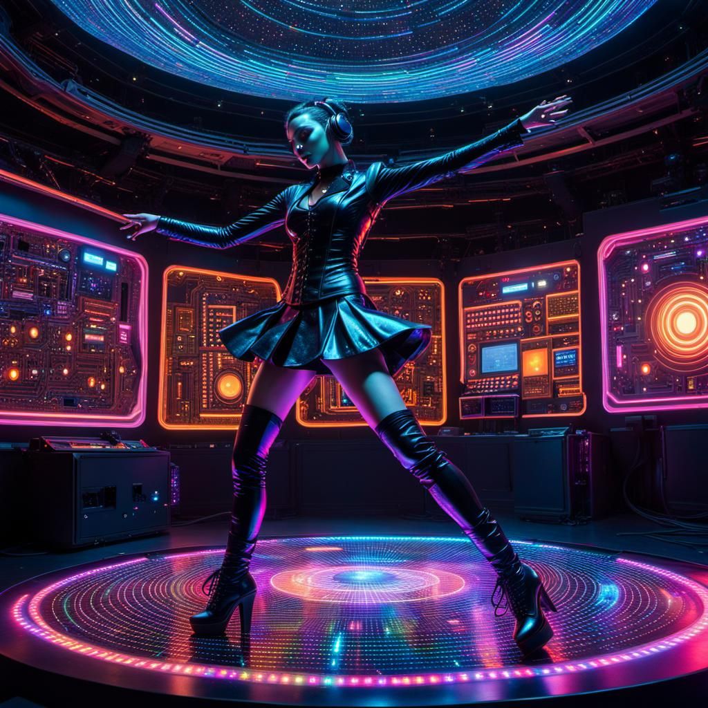 Goth-Punk Android Dances on Neon Disco Floor