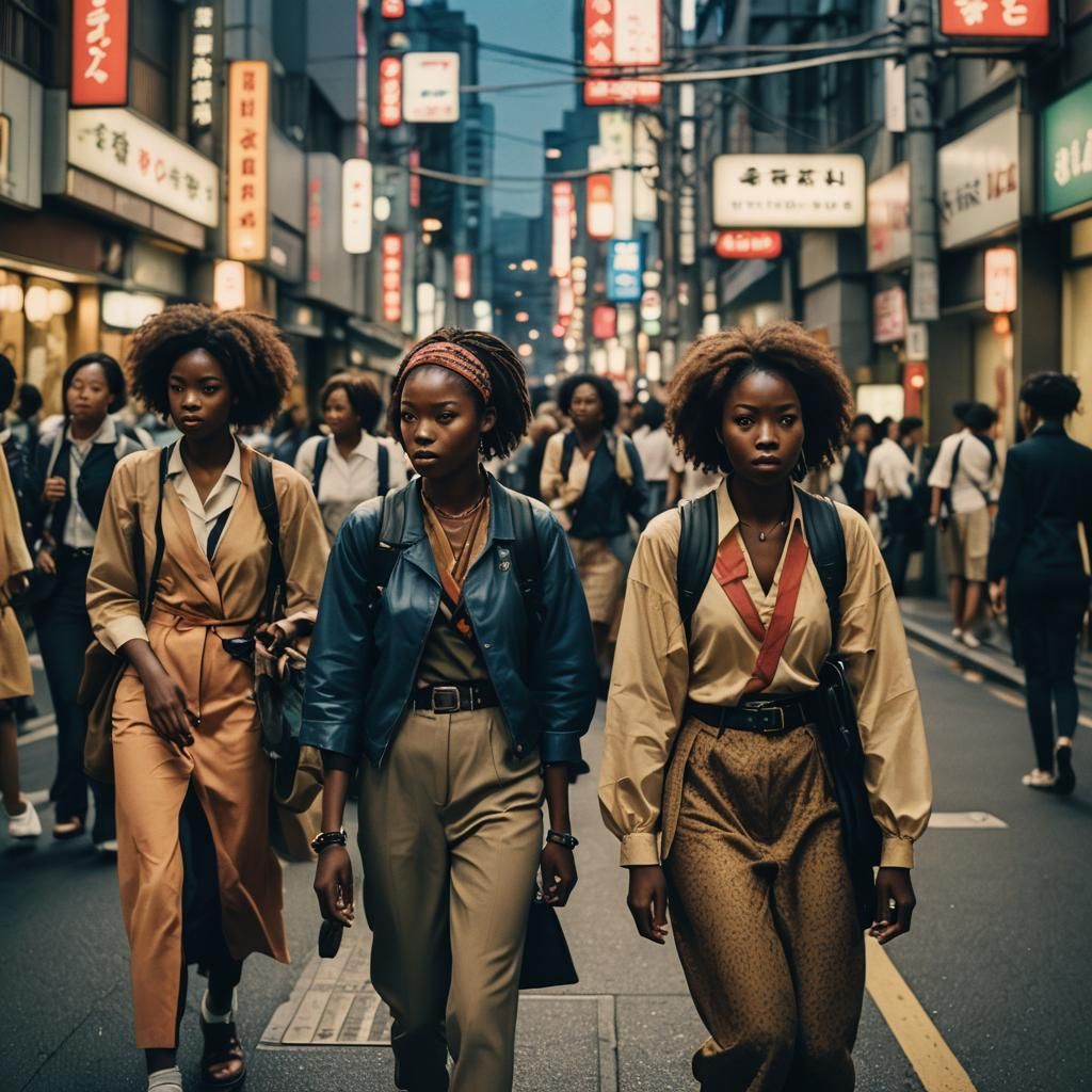 African Girls Lost in Tokyo: Cinematic Film Still