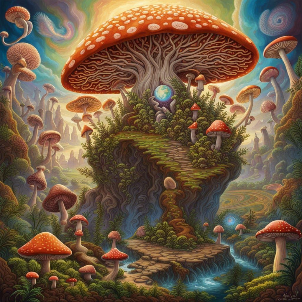 Psychedelic Mushrooms as Mother Earth in Divine Landscape