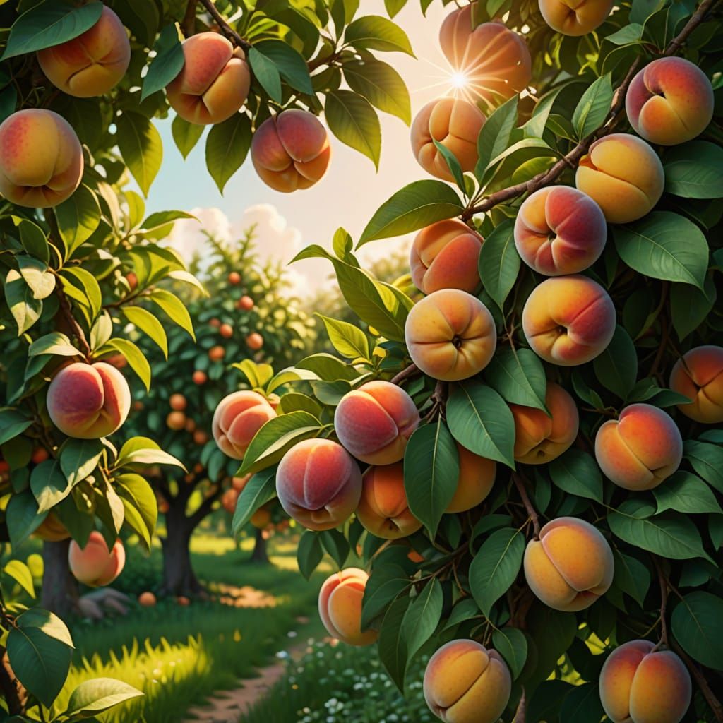 Vibrant Summer Peaches in a Lush Orchard